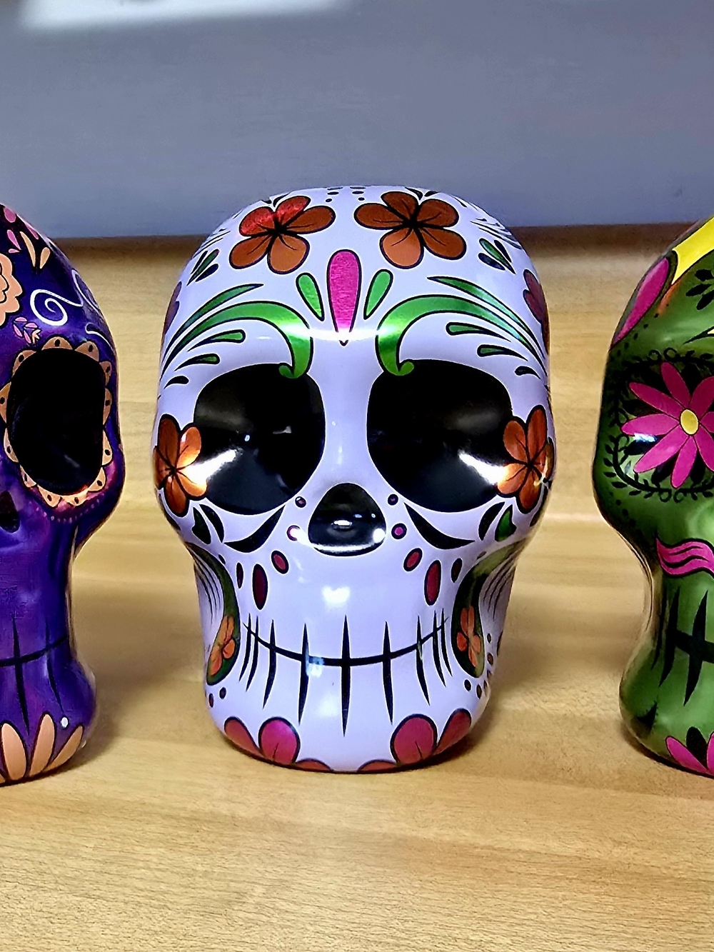 Set Of 3 Decorative Sugar Skull Tin Accents Floral Design #1530